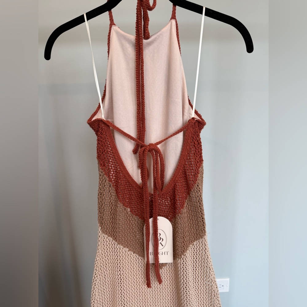 Lulu's Cancun Calling Taupe Multi Crochet Halter Midi Sweater Dress Small NWT - Picture 9 of 10